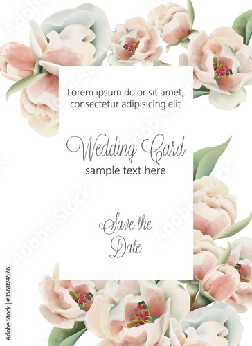 Wedding card with pale pink peonies and place for text. Watercolor