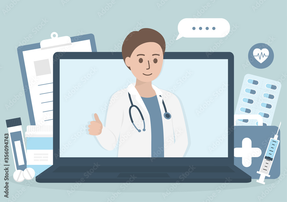 Computer screen of male doctor with stethoscope showing thumb up, health icons on background. Online doctor, medical consultation and healthcare concept. Flat vector illustration. Computer screen of male doctor with stethoscope showing thumb up, health icons on background. Online doctor, medical consultation and healthcare concept. Flat vector illustration.