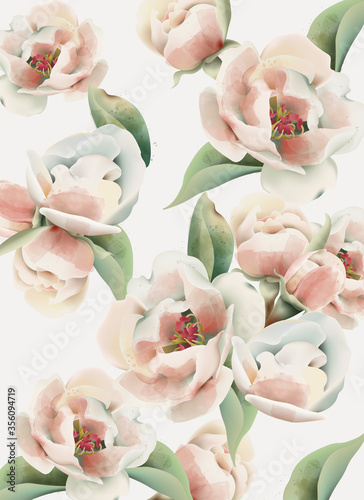 Pale pink peony pattern with green leaves. Watercolor