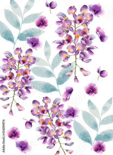 Lilac flowers and green leaves pattern. Watercolor