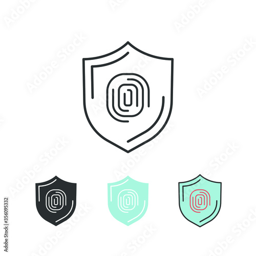 Human Finger print and shield for safe cyber security in biometric identification technology. Thumbprint. Fingerprint security icon, protection. Vector illustration. Design on white background. EPS10