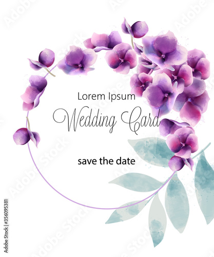 Wedding card with summer pansy flowers and place for text. Watercolor