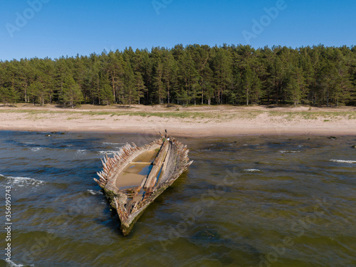 Aerial view of abandoned shipwreck of schooner 