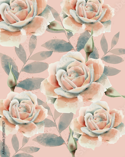 Rose and leaves pattern. Watercolor. Vintage design. Pastel colors