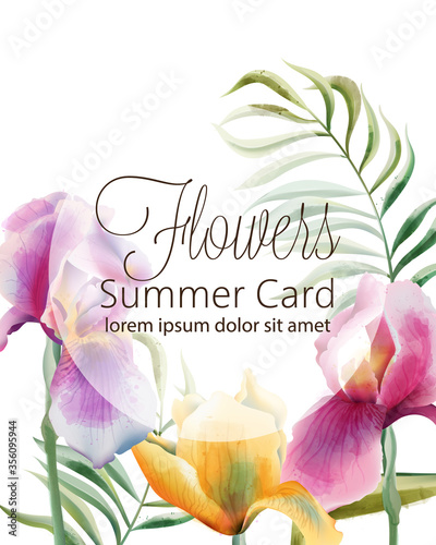 Flowers summer card with place for text. Iris flowers and tropical leaves