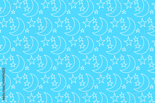 seamless pattern with rising moon and stars on a light blue background. Vector graphics. Abstract backdrop