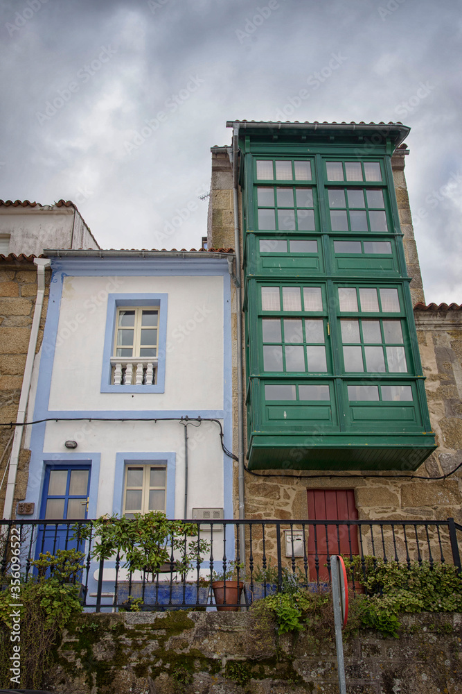 Colored facades of fishermen's houses in Cambados, Rias Bajas, Pontevedra, Galicia, Spain, Europe.