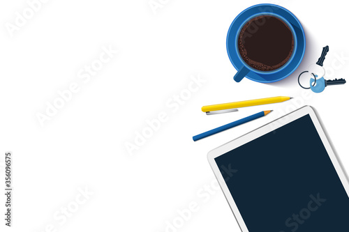 Workspace vector mock up set. Flat lay top view on realistic tablet, keys, coffee cup, pencil and pen. Home office stationery for freelance, distant work and online studying concept.