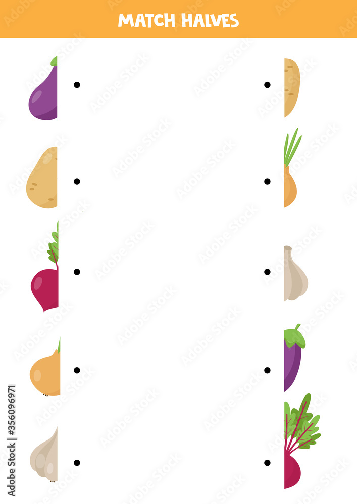 Find the half of each vegetable. Funny worksheet for kids. Find the half of each vegetable. Funny worksheet for kids.