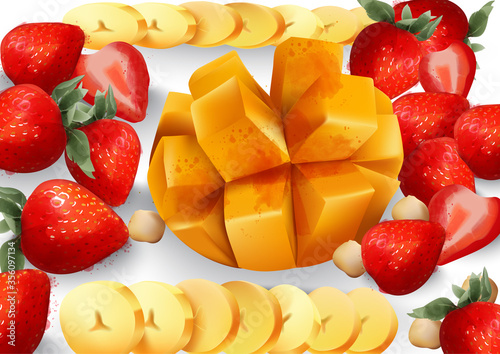 Mango and stawberry Vector. Tropic exotic fruits platter. fresh juicy composi...