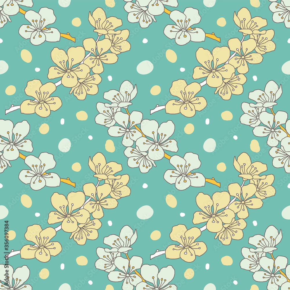 Cherry blossoms branches on blue background, vector seamless pattern. Cherry blossoms branches on blue background, vector seamless pattern.