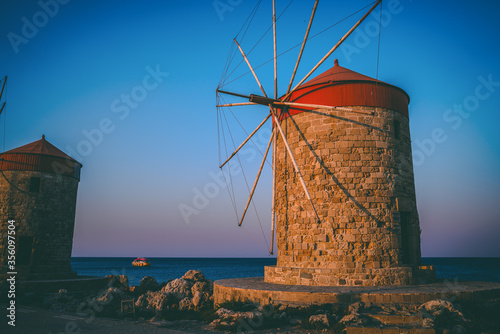 Windmills in the port of Rhodes, Greece