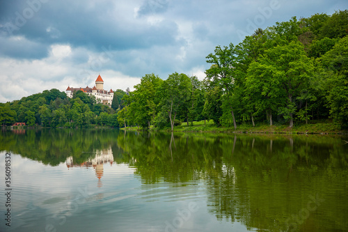 Historic medieval Konopiste Castle in central Bohemia, near Prague and summer pond near, Czech Republic