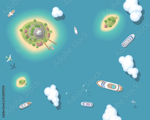 Vector illustration. Summer vacation. The islands and ships. (Top view)
Time to travel - sun, sea, island, sand, yacht, airplane, palm, clouds. (View from above)