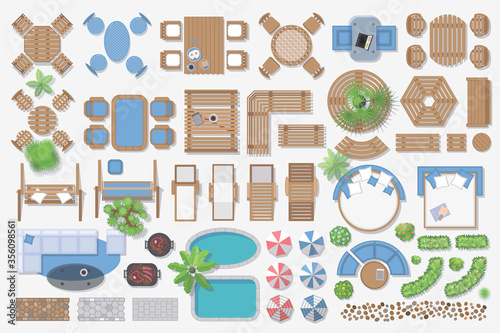 Isolated Vector Illustration. Outdoor furniture for landscape design (top view).