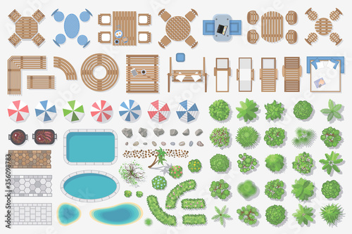 Isolated vector illustration.
Outdoor furniture and trees for landscape design. (Top view)
