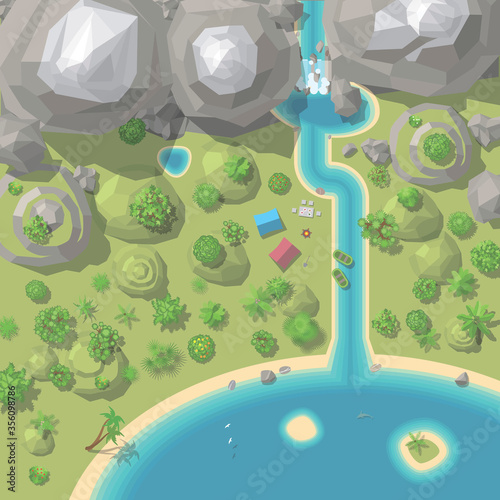 Vector illustration. Landscape and tourist camp. (Top view)
Mountains, hills, waterfall, sea, trees, tents, boats. (View from above)