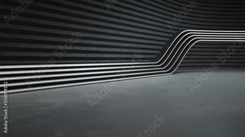 Empty dark abstract modern interior with white lit wavy stripes. 3D illustration. 3D rendering.