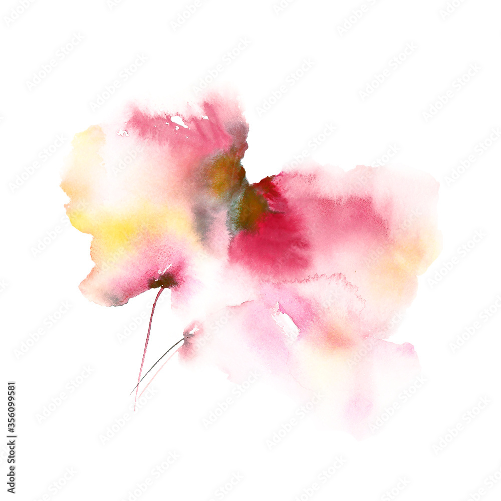 Red single flower. Watercolor poppy. Watercolor abstract flower for greeting card design. Wedding invitation floral decor. Drawing loose style flower for birthday card design. Painted sakura bud.