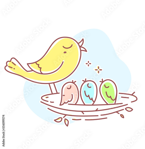 Vector illustration of cute bird family. Father bird and three baby birds sitting in the nest on white background.