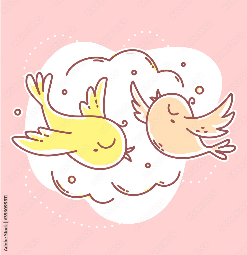 Vector illustration of romantic flying two birds in the sky on pink background.