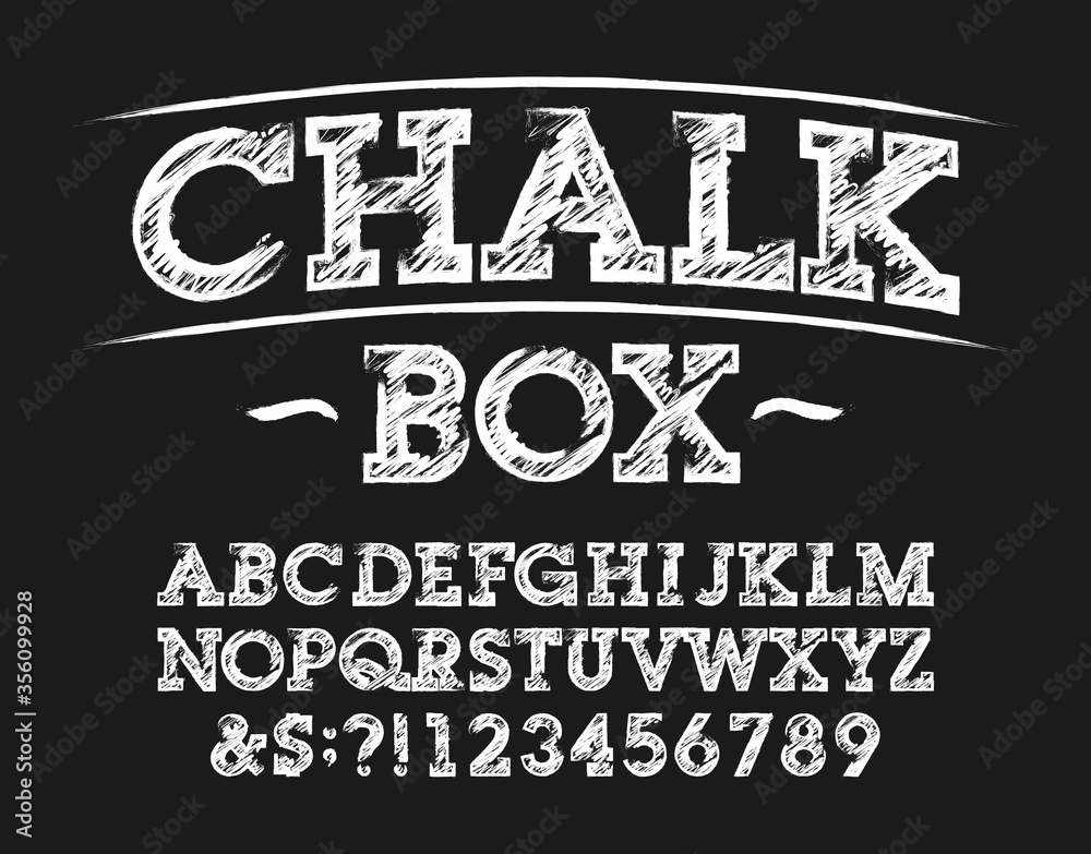 Chalk Box alphabet font. Handwritten letters, numbers and symbols