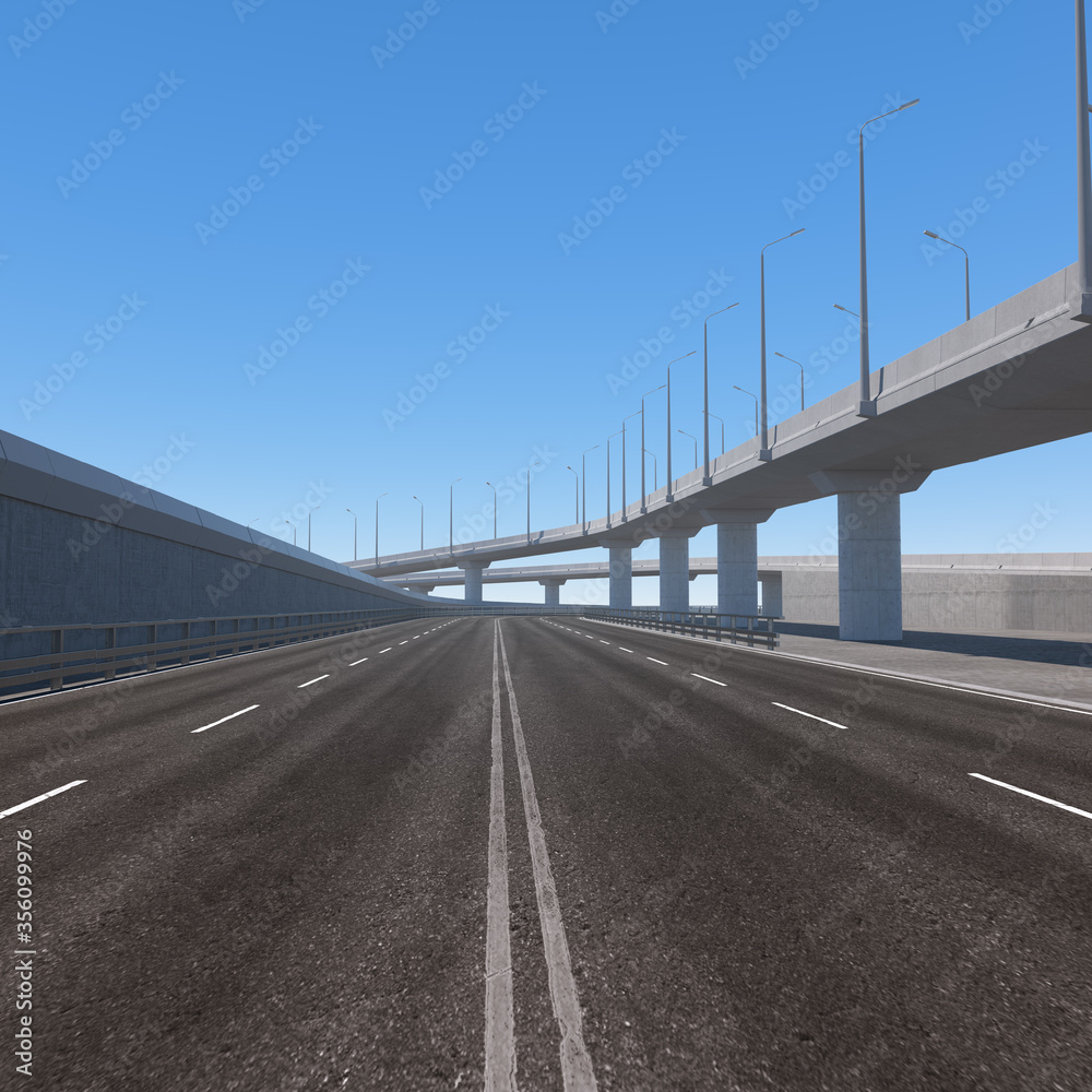 Concrete motorway junction with empty road. 3D illustration. 3D rendering. Concrete motorway junction with empty road. 3D illustration. 3D rendering.