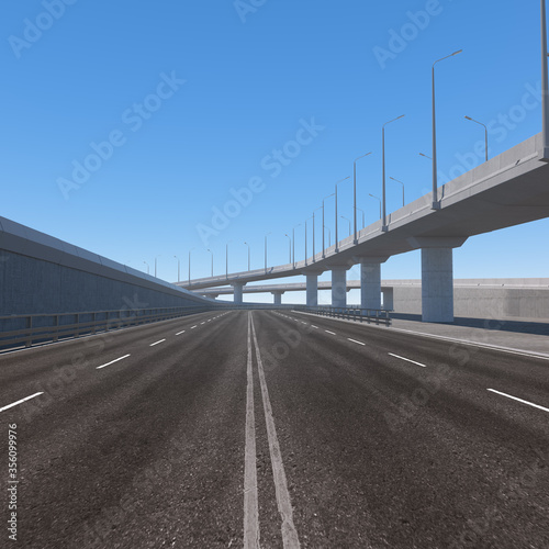 Concrete motorway junction with empty road. 3D illustration. 3D rendering.