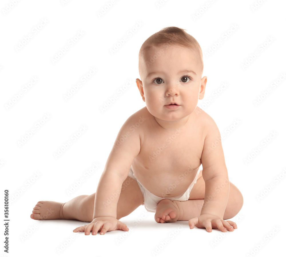 Cute little baby in diaper on white background Cute little baby in diaper on white background