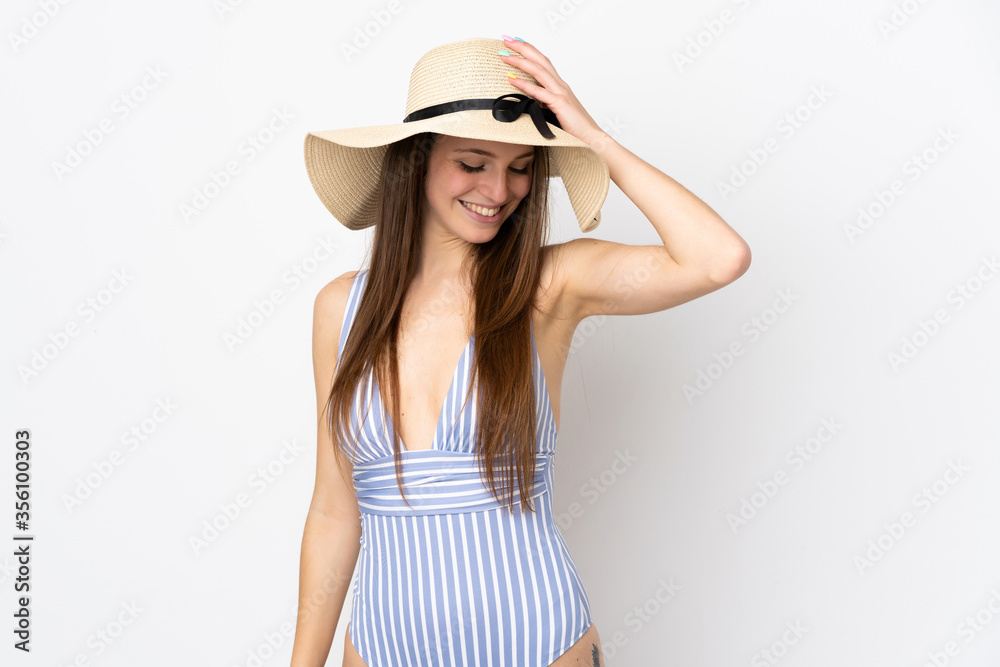 Young caucasian woman isolated on white background happy in swimsuit in summer holidays Young caucasian woman isolated on white background happy in swimsuit in summer holidays