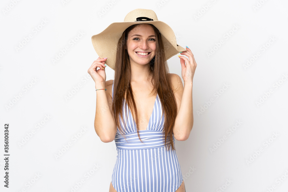 Young caucasian woman isolated on white background happy in swimsuit in summer holidays Young caucasian woman isolated on white background happy in swimsuit in summer holidays
