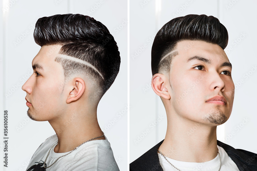 Young man brunette with pompadour volume haircut 50s - 60s. real photo retro  hair style for barbershop, side, set Stock Photo | Adobe Stock