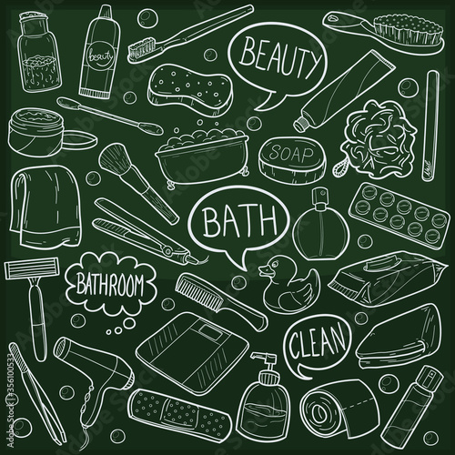 Bathroom Care Doodle Icon Chalkboard Sketch. Tools Home Clean and beauty.