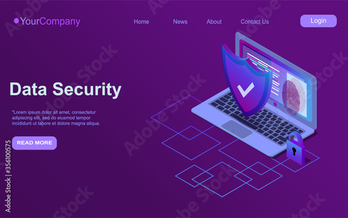 Cybersecurity isometric icon, data security concept, protected computer network, shield with laptop, safety cloud computing, data processing system, vector ultraviolet EPS