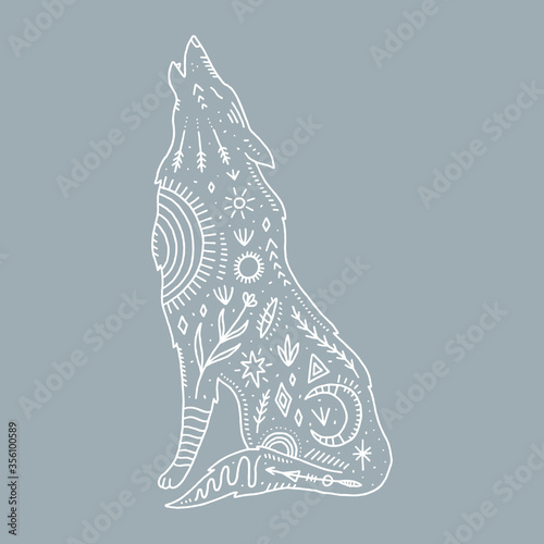 Wolf and night landscape inside, double exposure. Wildlife concept. Boho tattoo art, fantasy ethnic style. Ornate animal. Vector illustration.