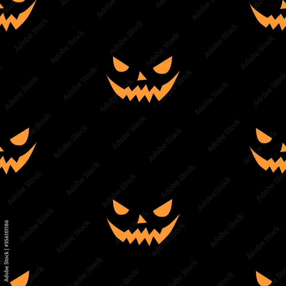 Seamless pattern of smiling scary faces in flat style. Halloween's vector background and texture for party, poster, invitation, any design. Isolated on black. Jack Lantern Seamless pattern of smiling scary faces in flat style. Halloween's vector background and texture for party, poster, invitation, any design. Isolated on black. Jack Lantern