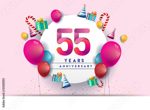 55th years Anniversary Celebration Design with balloons and gift box, Colorful design elements for banner and invitation card.