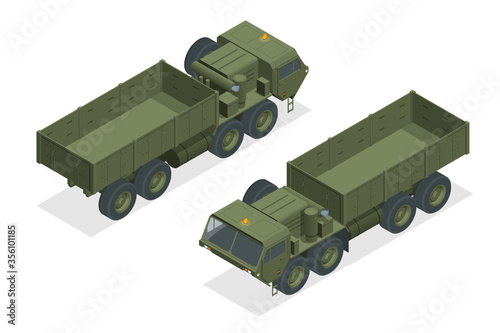 Isometric diesel engine-powered military truck artillery tractor and tank isolated on white