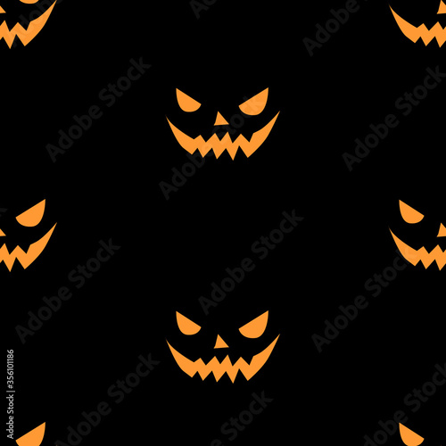 Seamless pattern of smiling scary faces in flat style. Halloween's vector background and texture for party, poster, invitation, any design. Isolated on black. Jack Lantern