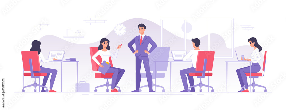 Business team working in modern office vector illustration of male and female colleagues characters