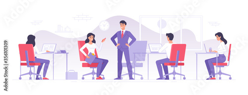 Business team working in modern office vector illustration of male and female colleagues characters