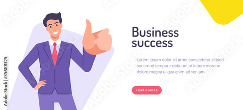 Vector illustration with businessman character in suit smiling and gesturing thumb up near business success inscription