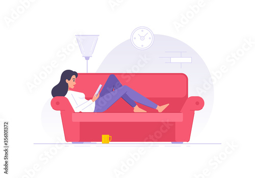 Cartoon woman character reading book on sofa at home flat vector illustration
