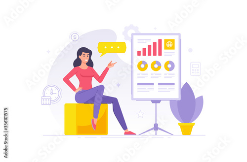 Modern cartoon businesswoman character showing infographic poster vector illustration