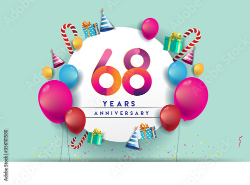 68th years Anniversary Celebration Design with balloons and gift box, Colorful design elements for banner and invitation card.
