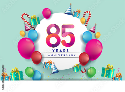 85th years Anniversary Celebration Design with balloons and gift box, Colorful design elements for banner and invitation card.