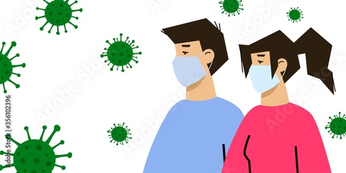 COVID-19 coronavirus outbreak flat concept. Stop coronavirus. Protect yourself. Man and woman in medical mask on white. Vector illustration.