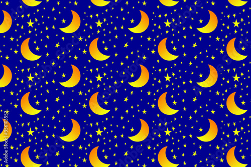 seamless pattern with rising moon and stars on a night blue background. Vector graphics. Abstract backdrop