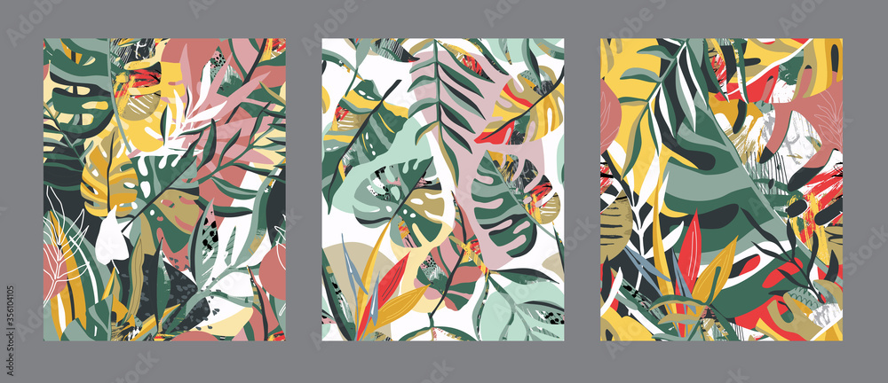 Vector collection of trendy creative summer seamless patterns with floral exotic tropical elements, palm leaves