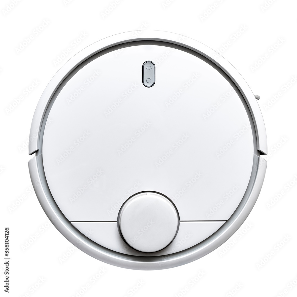 Modern white robot vacuum cleaner isolated on white background. Technology concept. Smart home concept. Hygiene concept. Modern white robot vacuum cleaner isolated on white background. Technology concept. Smart home concept. Hygiene concept.